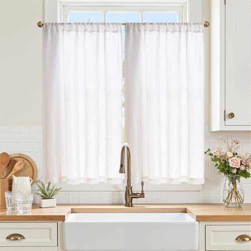jinchan Linen Kitchen Tier Curtains, 38x45, 2 Panels, Beige White by JINCHAN