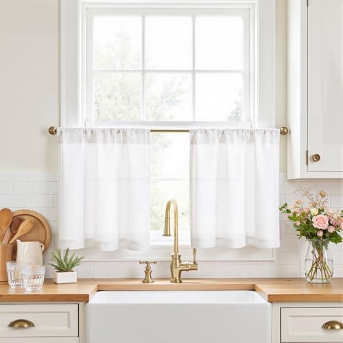 jinchan Rustic Linen Rod Pocket Tier Curtains, 26x20, 2 Panels, White by JINCHAN