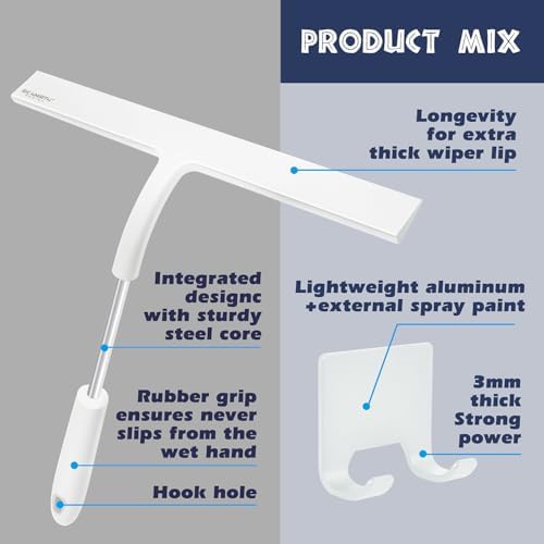12 Inch Silicone Shower Squeegee for Glass Doors with Microfiber Cloth & Hook, Streak-Free Window Cleaner for Bathroom Mirror Tile Car, No-Scratch Squeegee with Rustproof Metal Core (White) - Image 3