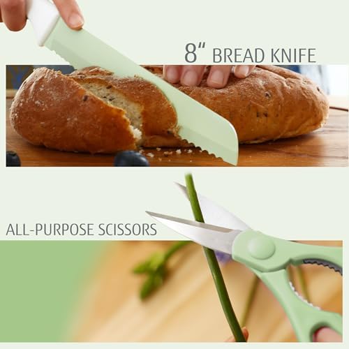 hecef 15 Pieces Green Kitchen Knife Set, Built-in Sharpening Wooden Block - Image 6