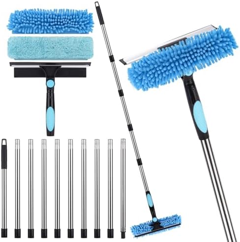 Window Squeegee Cleaner Tool with Extension Pole: 2-in-1 Window Cleaning Kit - 86.6 Inch Telescopic Long Window Cleaning Tool for High Windows Car Glass - with 2 Microfiber Cloth & Squeegee Blade by BeiLan