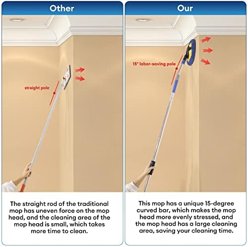 Wall Cleaner, Max 66'' Wall Mop with Long Handle, Ceiling Dust Mop with 15° Labor-Saving Elbow Extension Pole, Baseboard Duster Washer Scrubber, High Reach Window Cleaning Brush, Roof Cleaning Tool-BU - Image 4