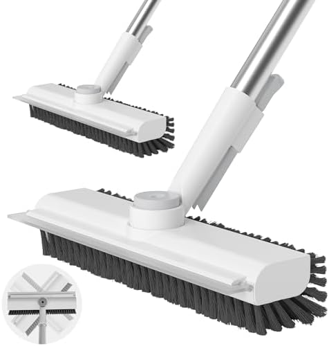 Floor Scrub Brush with Long Handle, 3 in 1 Scrape and Heavy-Duty Stiff Bristle Scrubber Brush for Cleaning Shower Bathroom, Patio, Garage, Kitchen, Wall and Deck (White, 2 Pack) by AIRU