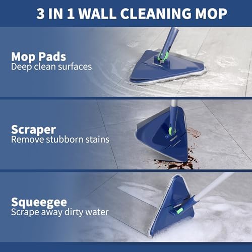 BOOMJOY Wall Cleaner Mop with 82 Inches Long Handle, Baseboard Cleaner Tool Duster with Squeegee, Ceiling Cleaning Tool with 6 Replacement Pads for Painted Walls, Window, Floor - Blue - Image 4