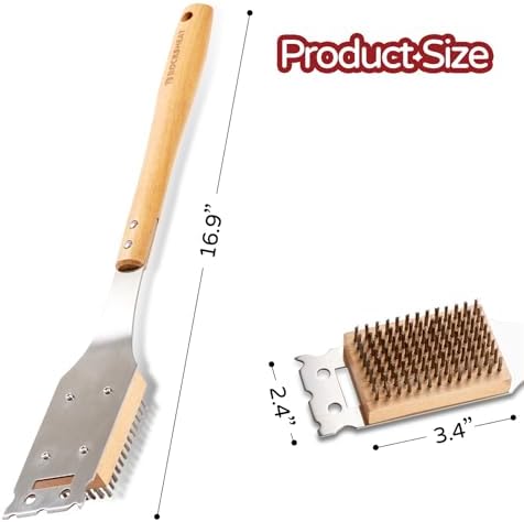 Pizza Oven Brush, 16.9 Inch Grill Cleaning Brush with Scraper, Stainless Steel Bristles with Beech Wood Handle, 2 in 1 Pizza Stones Brush, Ourdoor Pizza Oven Accessories, Heat Resistant - Image 2