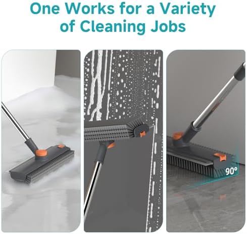 Floor Scrub Brush with Long Handle Length Adjustable, 3 in 1 Heavy-Duty Stiff 90° Bristle Floor Scrubber Broom with Squeegee, Cleaning Brush for Bathroom, Garage, Kitchen, Tile, Deck & Patio (Gray) - Image 2