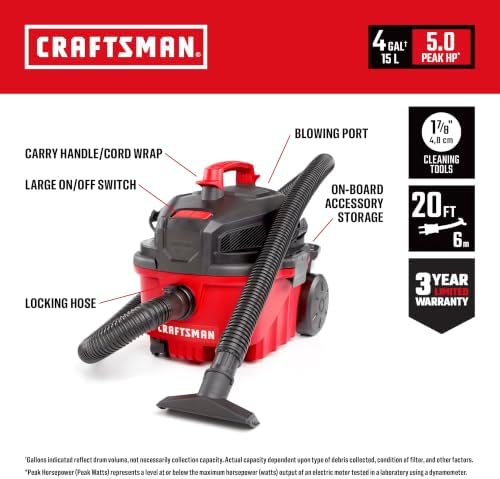 CRAFTSMAN CMXEVBE17040 4 Gallon 5.0 Peak HP Wet Dry Shop Vacuum - Image 2