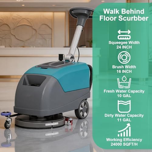 Walk-Behind Floor Scrubber Dryer with 16" Scrub Path, 24" Suction Width, 11-gal Sewage Tank, 10-Clear water tank, Foldable Walk Behind Hand Push Floor Scrubber 24000 Sqft/h - Image 2