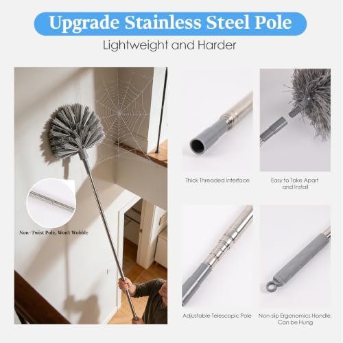 Microfiber Feather Duster 5-in-1 Kit with Extension Pole, Washable Cleaning Duster Set with 3 Duster Heads, Cobweb Duster, Corner Brush, 100'' Extendable Long Duster for High Ceilings, Fans, Furniture - Image 4