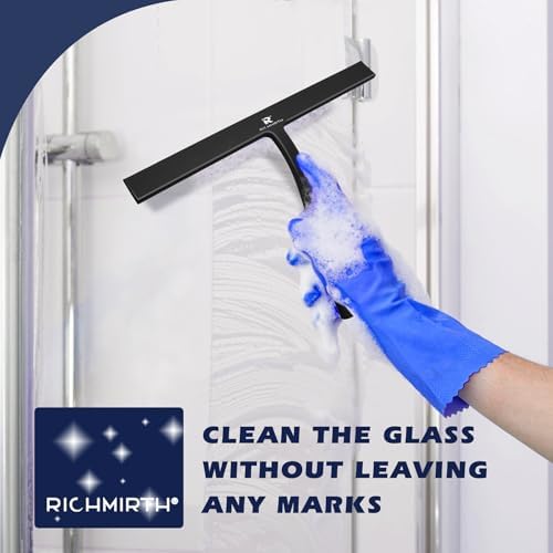 Squeegee for Shower Door 14 Inch Wide Blade, 11 Inch Short Handle One-Piece Silicone with Stainless Steel Core, Non-Slip Grip Window Squeegee for Bathroom Mirror Car Windshield, Aluminum Hook (Black) - Image 2
