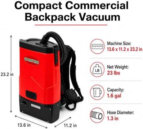 Corded Commercial Backpack Vacuum Cleaner, 106 CFM, 1.6-Gal, 50-ft Cord - Image 6