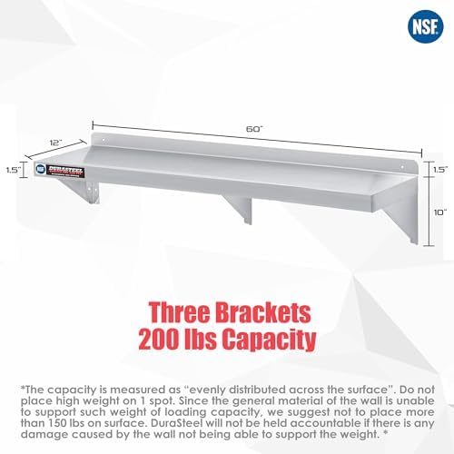 DuraSteel Stainless Steel Wall Shelf - 60" Wide x 12" Deep Commercial Grade - NSF Certified - Industrial Appliance Equipment (Restaurant, Bar, Home, Kitchen, Laundry, Garage and Utility Room) - Image 3