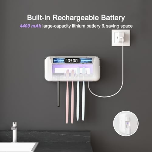 UV Toothbrush Sanitizer and Holder for Bathroom, 5 Toothbrush Slots for Family with Fan and PTC Heat Drying, Type-C Charging, No-Drill Wall Mount - Image 5