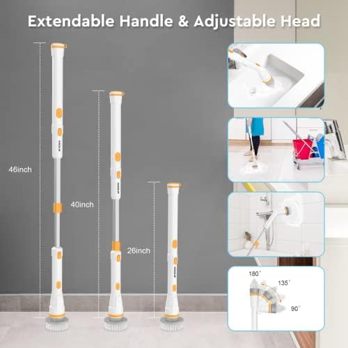 Electric Spin Scrubber, KIKOLIN 380RPM High Speed Power Scrubber, Cordless Cleaning Brush 2 Speeds for Bathroom, Tub, Shower, Floor with 4 Replaceable Brush Heads and Adjustable Extension Long Handle - Image 5