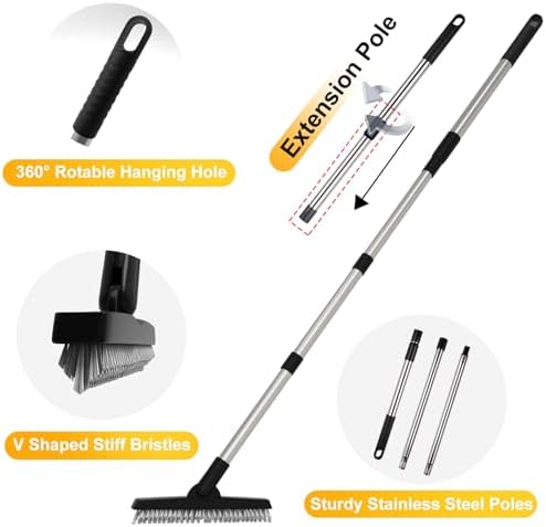 2 Pack Grout Brush with Long Handle, Swivel Cleaning Grout Line Scrubber - Extendable Durable Handle Grout Cleaner Brush for Bathroom,Tile,Baseboard,Walk in Shower,Corner & Narrow Space (Black) - Image 6