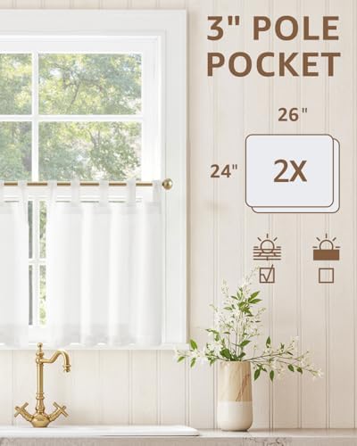 jinchan Linen Tier Curtains, Tab Top, 26x24, 2 Panels, Beige White - Image 3