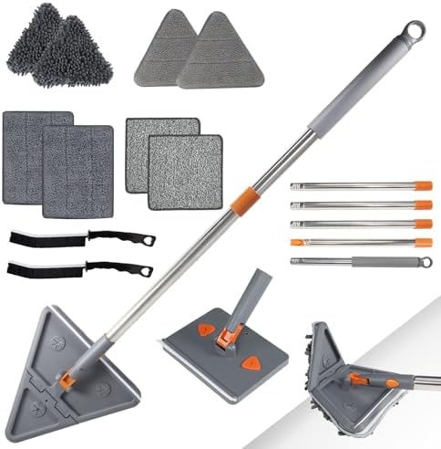 85'' Wall & Ceiling Mop with Long Handle, Wall and Baseboard Cleaner Tool, 2 Mop Heads (Triangle Corner + Square), 8 Reusable Washable Pads (Chenille/Microfiber/Scrub) for Shower Walls, Tile, Floors by Unknown