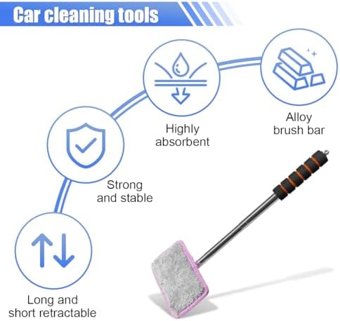 Car Windshield Cleaner Tool, Retractable Rearview Mirror Brush with Extendable Handle, Microfiber Window Washing Pad, Portable Auto Glass Wiper for Car Home Office(Pink) - Image 3