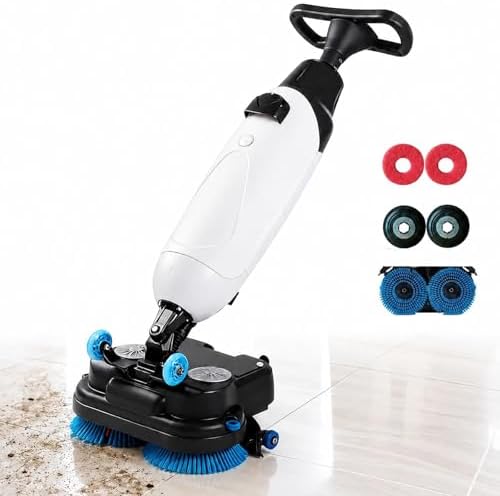 Cordless Floor Scrubber For Small Commercial Spaces,17In 140aw Walk-Behind Cleaning Machine W/360° Rotation Dual Brush/Squeegee Width 430mm-For Offices,Restaurants, Salons Retail Stores White by Unknown