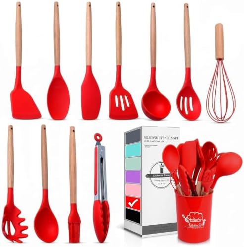 12 Pcs Red Kitchen Utensils Set with Holder – Versatile Silicone Utensils Set for Cooking and Baking, Gentle on Pots and Pans, Heat-Resistant, Stylish, Easy to Clean, Red Kitchen Accessories by V-TOWER