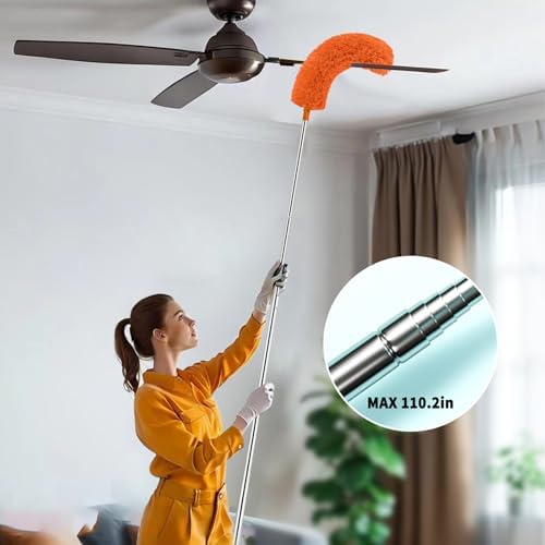 Cobweb Duster with Extension Pole,Cleaner Outdoor 110" Telescoping Extended Sspider Brush, Dusting Kit,Long Handle Reach for High Ceilings and Fans,Microfiber Webster Remover Tools Feather Dusters - Image 3