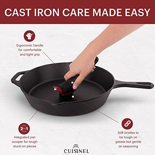 Cuisinel Cast Iron Chain Mail Scrubber + Cleaning Brush + Pan & Grill Scrapers - The Ultimate Skillet and Grill Cleaner Kit - Soft-Touch Confident-Grip Dish Scrub Tool - Silicone/Stainless Accessories - Image 4