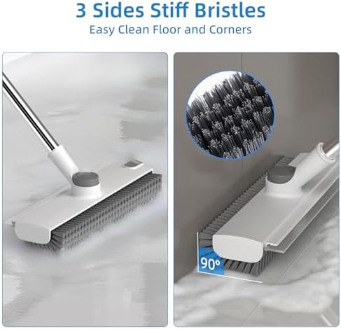 Floor Scrub Brush with Long Handle, 3 in 1 Scrape and Heavy-Duty Stiff Bristle Floor Scrubber Brush Broom with Squeegee and Tweezer for Cleaning White - Image 2
