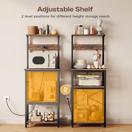 SUPERJARE 4 Tier Bakers Rack with Power Outlets, Microwave Stand with Adjustable Shelf, Kitchen Shelf Organizer for Small Space, Coffee Bar with 6 S Hooks, Kitchen Storage Rack, Rustic Brown - Image 4