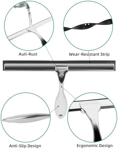 All-Purpose Stainless Steel Shower Squeegee Come with S Hook, 2 Square Sticky Hook 2 Rubber Strips Shower Squeegee for Glass Doors, Windows, Mirrors, Tiles and Car Glass -12 Inches Silver - Image 4