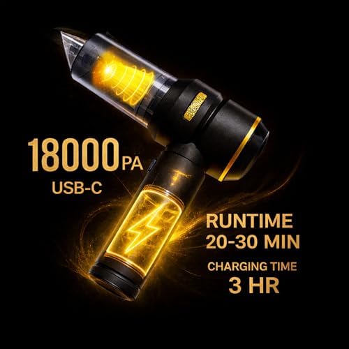 5-in-1 Cordless Car Vacuum & Air Duster, 18000Pa Powerful Suction, Portable Handheld Vacuum with Blower & Inflator Modes, USB-C Rechargeable with Multi Nozzles & Pet Hair Removal Glove (Black) - Image 3