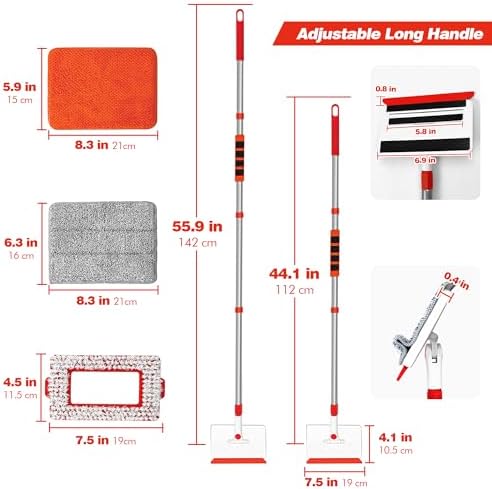 JEHONN Baseboard Cleaner Tool with Handle, 56 inches Base Boards Cleaning Mop Scrubber, 1 Stiff Bristles Brush, 2 Chenille and 2 Microfiber Pads, Wall Duster for Floorboard Ceiling Window Tile - Image 6
