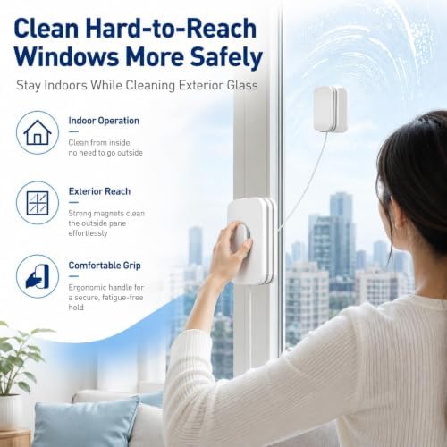6-in-1 Magnetic Window Cleaner, Anti‑Pinch Handle with Safety Rope (8-15mm) - Image 6