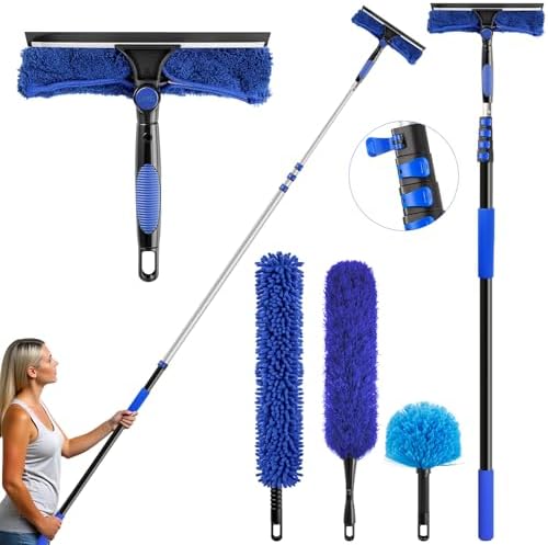 wlich 26ft Telescoping Dusting Kit, Aluminum 5-20ft Fan & Window Cleaner Set, Versatile Dusting Set with 5 Replaceable Heads for Cleaning Fans, Windows, and Hard-to-reach Areas Outdoors Without Ladder by wlich