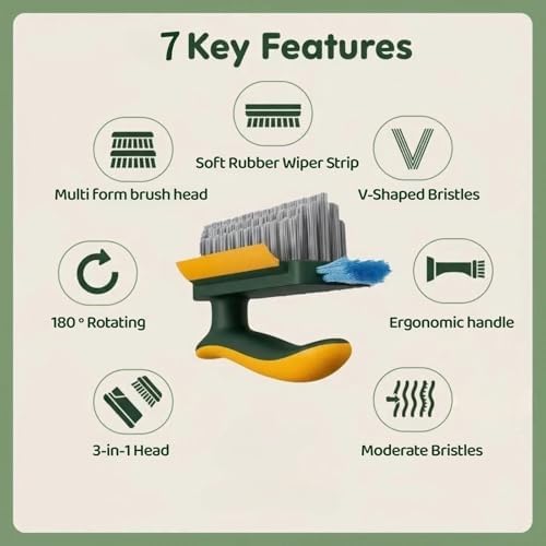 Multifunctional Tile Grout Cleaning Brush with V-Shaped Bristles, 180° Rotating Head, Rubber Wiper Strip, Green and Yellow - Image 2
