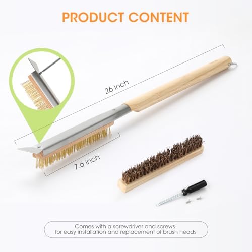 Aieve 26"" Pizza Oven Brush with Stone Scraper, Cleaning Brush and Scraper for Pizza Oven and Stone, Extra Long Handle and 2 Heat-Resistant Brush Heads, Wood, K4790A01 - Image 6