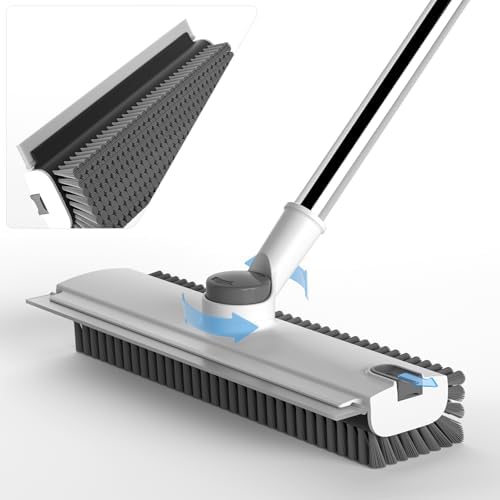 Floor Scrub Brush with Long Handle, 3 in 1 Scrape and Heavy-Duty Stiff Bristle Floor Scrubber Brush Broom with Squeegee and Tweezer for Cleaning White by DOLPLEAP