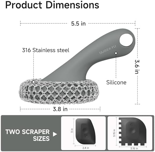 SUBEKYU Cast Iron Scrubber with Silicone Handle, Stainless Steel Skillet Cleaner for Cast Iron Pans (Gray Scrubber + Scraper) - Image 7