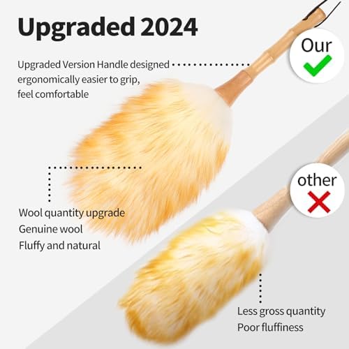 Feather Duster, Lambswool Duster for Cleaning,with Solid Wooden Handle,Leather Hang Strap,Anti-Static 14.9 inch Washable Reusable Small Hand Duster(Natural) for Office, Home and Car - Image 3