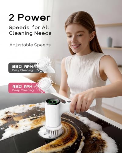 PUFTEM Shower Scrubber, Electric Spin Scrubber for Bathroom Cleaning – Cordless Shower Cleaner Brush with 6 Brush Heads, Dual-Direction Rotation, for Grout, Tile, Tub, Sink & Corners, White - Image 4