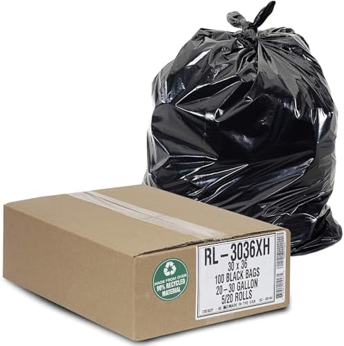 Aluf Plastics - RL-3036XH 20-30 Gallon Trash Can Liners (100 Count) - 30" x 36" - Thick 1.5 MIL Equivalent Black Trash Bags for Bathroom, Kitchen, Office, Industrial, Commercial, Recycling and More by AlufPlastics