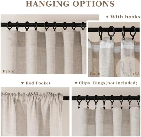 Tan Beige Linen 92 Inch Curtains 2 Panels with Rod Pocket Hook Belt - Image 2