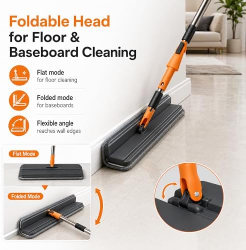 Microfiber Flat Mop for Floor Cleaning, Foldable Floor Mop with 2 Washable Pads & Hair Removal Comb, Adjustable Long Handle Dust Mop for Hardwood Tile Laminate, Wet & Dry Baseboard Cleaner - Image 4