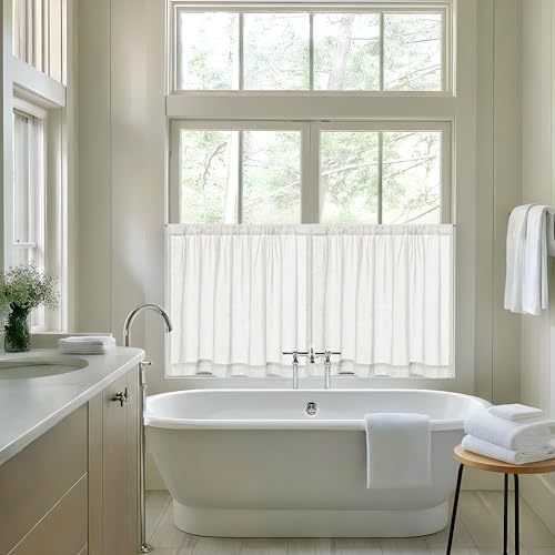 Off White Semi Sheer Linen Cafe Short Curtains 30 Inch Long 2 Panels - Image 7