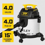 STANLEY 4 Gallon Wet Dry Vacuum, 4 Peak HP Stainless Steel 3 in 1 Shop Vacuum Blower with Powerful Suction, Vacuum for Job Site, Garage, Basement, Workshop, Top Handle, Portable Wet Dry Vac SL18301-4B - Image 3
