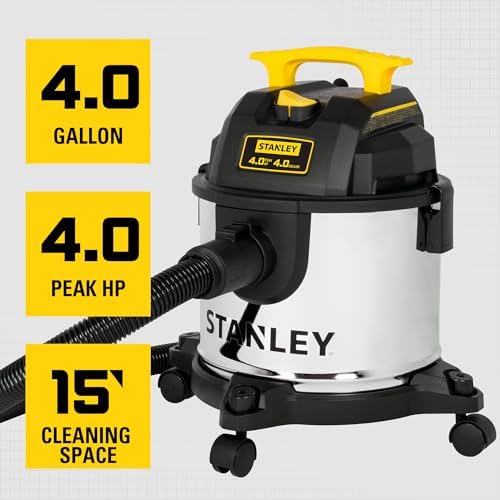STANLEY 4 Gallon Wet Dry Vacuum, 4 Peak HP Stainless Steel 3 in 1 Shop Vacuum Blower with Powerful Suction, Vacuum for Job Site, Garage, Basement, Workshop, Top Handle, Portable Wet Dry Vac SL18301-4B - Image 3