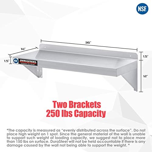 DuraSteel Heavy Duty Wall Mount Shelf - 36" Wide x 14" Deep Classic Stainless Steel Wall Floating Shelves - NSF Metal Storage Wall Shelves - For Commercial Kitchen, Laundry Room, Garage, Food Truck - Image 3