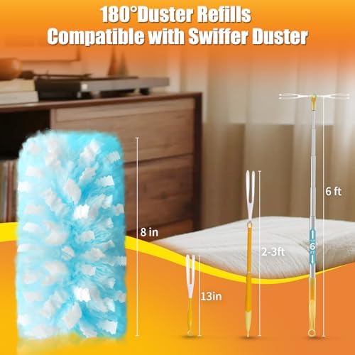 40 Count Duster Refills with 1 Short Handle & 3 ft Extendable Handle, Compatible with Swiffer Duster, 180° Disposable Microfiber Cleaning Dusters, Unscented - Image 2