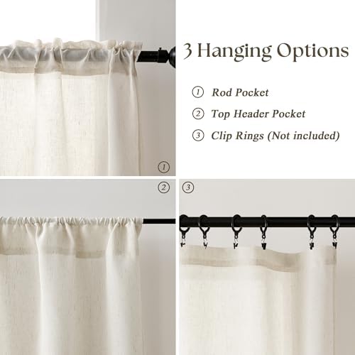 Beige Semi Sheer Linen Kitchen Curtains 30 Inch Length 2 Panels - Image 3