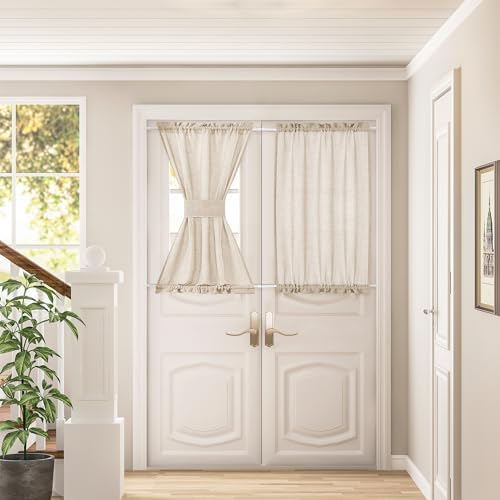 Linen Beige Semi Sheer Curtain 2 Panels Dual Rod Pocket with Tieback by DUKIYO