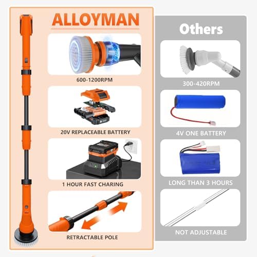 Alloyman 1200RPM Electric Scrubber for Floors,Walls - Replaceable Battery Design for Outdoor Garden, Patio Cleaning Stubborn Stains,Yellow/Black - Image 4